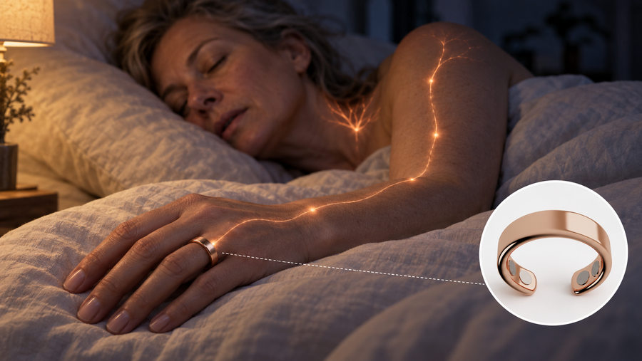Bildprompt 16:9: Fotorealistisch, Frau Anfang 50 nachts wach im Bett, Blick zur Zimmerdecke, Wecker auf dem Nachttisch zeigt 3:14, kühles blaugraues Nachtlicht, eine Nachttischlampe als einzige warme Lichtquelle.