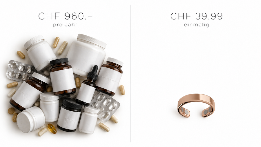 Bildprompt 16:9: Ein Stapel Apotheken-Kassenbons auf hellem Holztisch, daneben der goldene Ring in seiner kleinen Schachtel. Warmes Tageslicht von der Seite, dokumentarische Anmutung, kein Text lesbar.