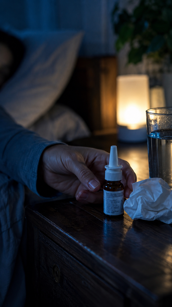 Hand greift nach Nasenspray am Nachttisch