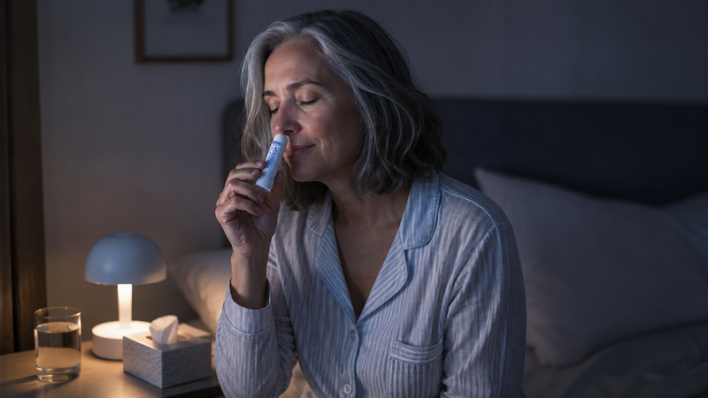 Frau abends entspannt im Bett mit NasoZen