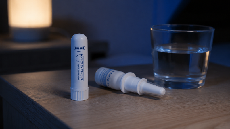 Nasenspray liegt unbenutzt auf Nachttisch