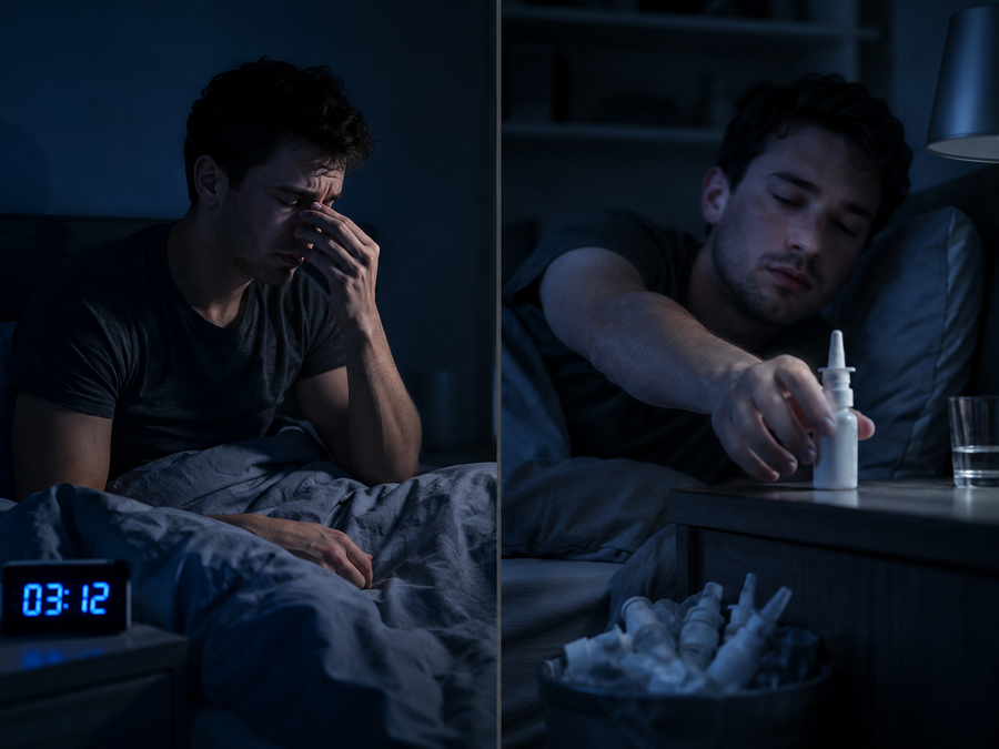 Bildprompt: Fotorealistische zweigeteilte Nachtszene — links ein junger Mann Mitte zwanzig, der frustriert wach im Bett liegt, Hand an der Nase, digitale Uhr zeigt 03:12; rechts eine junge Frau Mitte zwanzig, die im Halbdunkel automatisch nach einer Nasenspray-Flasche auf dem Nachttisch greift, daneben mehrere leere Sprayflaschen im Papierkorb. Kühles blaues Nachtlicht, dokumentarisch, hochauflösend.