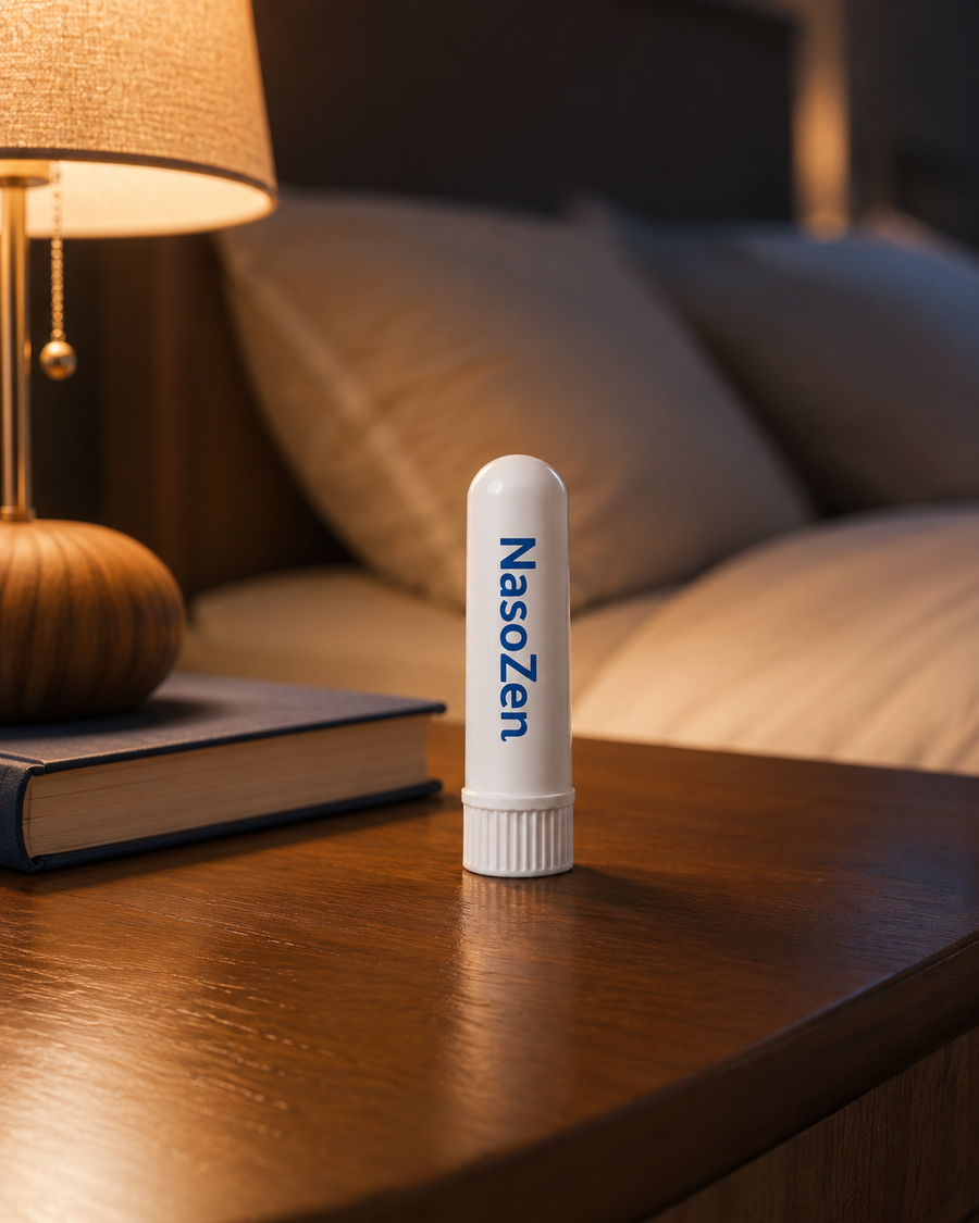 Bildprompt: Fotorealistische Produktszene — der NasoZen Inhaler-Stick (beigefügtes Produktbild unverändert verwenden) steht aufrecht auf einem Holz-Nachttisch neben einer kleinen warmen Leselampe und einem zugeklappten Buch. Im Hintergrund unscharf ein gemütliches Bett im Abendlicht. Ruhig, warm, Premium-Apotheken-Ästhetik, hochauflösend.