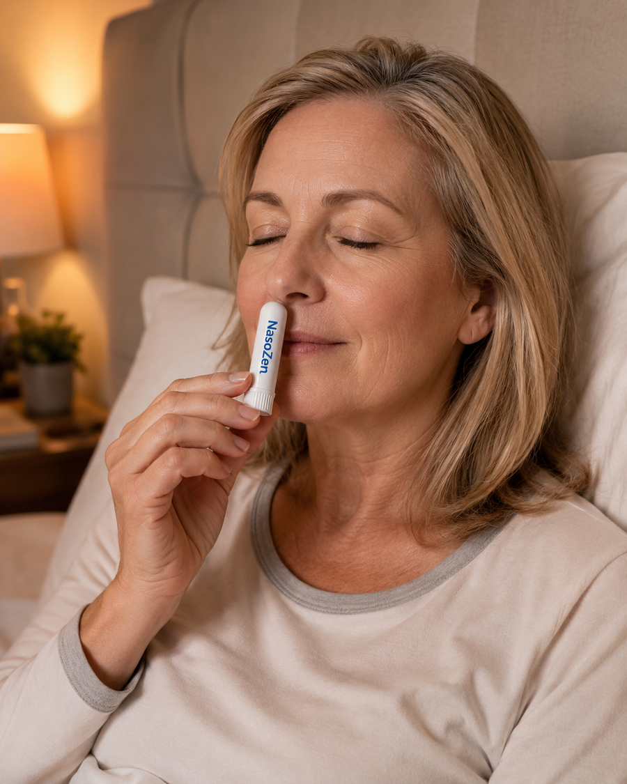 Bildprompt: Fotorealistische Nahaufnahme — eine Frau um die 50 sitzt abends aufrecht im Bett, hält den NasoZen Inhaler-Stick (beigefügtes Produktbild unverändert verwenden) unter ein Nasenloch und atmet mit geschlossenen Augen ruhig und entspannt ein. Warmes Nachttischlicht, weiche helle Bettwäsche, friedliche Stimmung, hochauflösend.