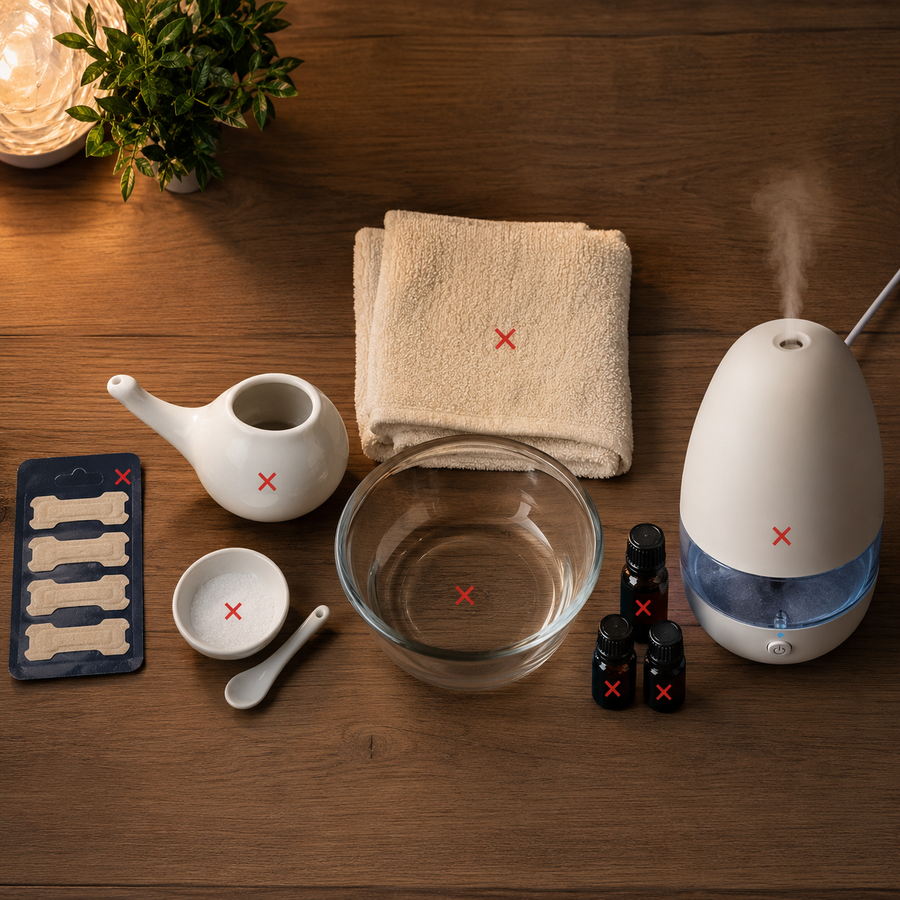 Bildprompt: Cleanes fotorealistisches Flatlay von oben auf Holztisch — Nasenpflaster, Nasendusche, Dampfbad-Schüssel mit Handtuch, ätherische Ölfläschchen und ein kleiner Luftbefeuchter nebeneinander, jedes dezent mit einem kleinen roten X markiert. Warmes Abendlicht, aufgeräumt, seriös, hochauflösend.