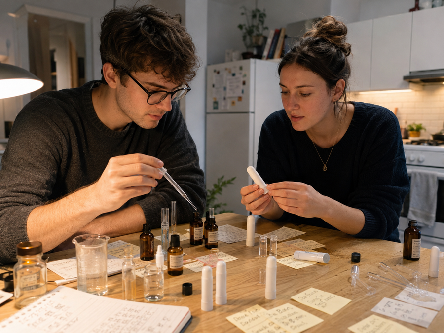 Bildprompt: Fotorealistische Reportage-Szene — ein junger Mann und eine junge Frau Mitte zwanzig experimentieren abends in einer einfachen WG-Küche mit kleinen braunen Ölfläschchen, Pipetten, Notizzetteln und ersten weissen Inhaler-Stick-Prototypen auf dem Küchentisch, warmes Licht, konzentrierte Stimmung, authentischer Startup-Gründungsmoment, hochauflösend.