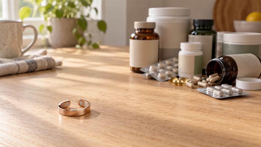 Bildprompt 16:9: Makroaufnahme des geöffneten goldenen Rings auf reinweissem Grund, leicht schräg von oben, sodass die vier eingelassenen silbernen Magnete an der Innenseite klar sichtbar sind. Saubere Produktfotografie, weicher Schatten.