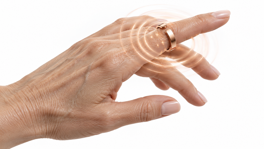 Main de femme d'une cinquantaine d'années portant la bague dorée à l'index, ongles naturels