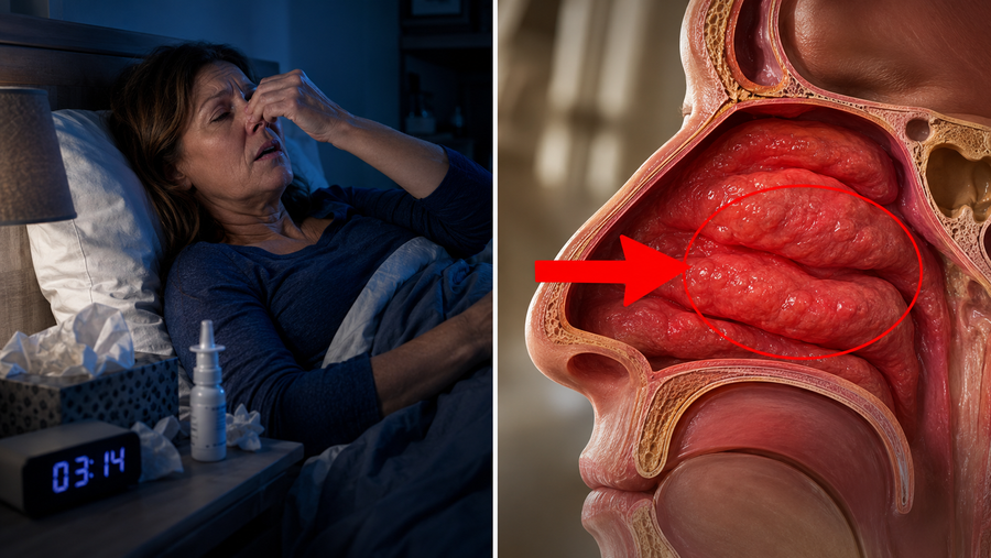 Bildprompt: Fotorealistische geteilte Szene im Querformat — links eine Frau um die 55 nachts wach im Bett, Hand an der Nase, erschöpfter Blick, auf dem Nachttisch ein Nasenspray und Taschentücher, kühles bläuliches Nachtlicht. Rechts ein medizinischer 3D-Querschnitt einer menschlichen Nase mit stark geschwollenen, entzündet-roten Schleimhäuten, die von innen orange glühen. Kinoreifer Advertorial-Hero-Look, hochauflösend.