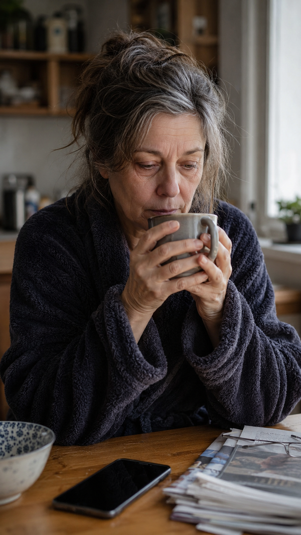 Müde Frau morgens mit Kaffee