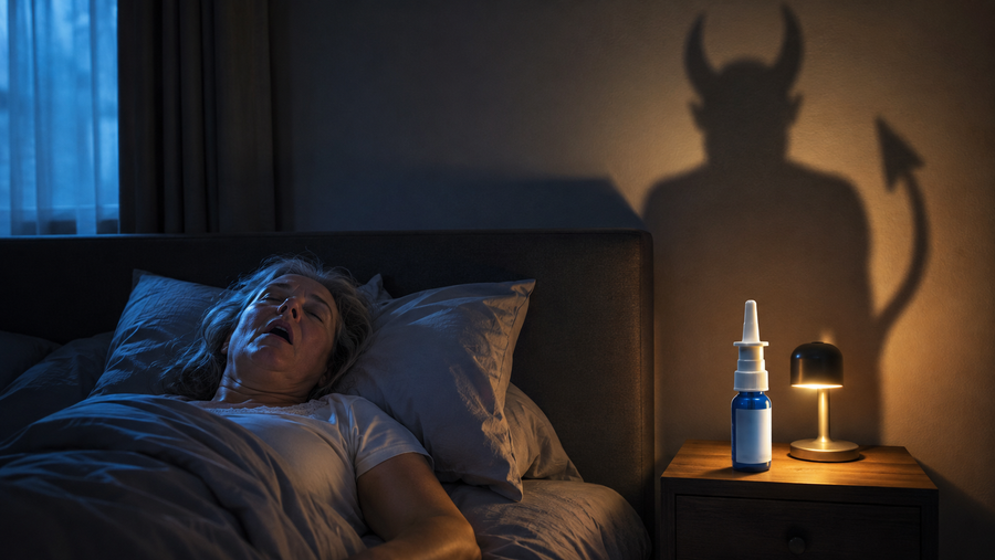 Bildprompt: Fotorealistische geteilte Szene im Querformat — links eine Frau um die 55 nachts wach im Bett, Hand an der Nase, erschöpfter Blick, auf dem Nachttisch ein Nasenspray und Taschentücher, kühles bläuliches Nachtlicht. Rechts ein medizinischer 3D-Querschnitt einer menschlichen Nase mit stark geschwollenen, entzündet-roten Schleimhäuten, die von innen orange glühen. Kinoreifer Advertorial-Hero-Look, hochauflösend.