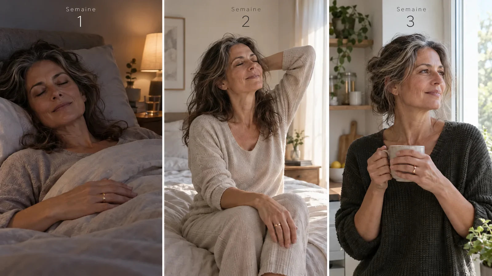 Main de femme sur un duvet clair le matin, la bague dorée à l'annulaire